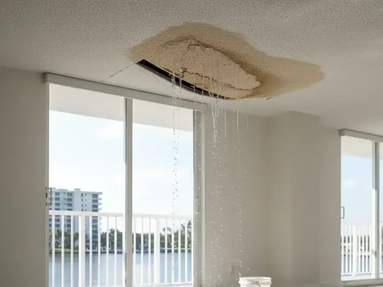 Water pouring through an opened ceiling into an oceanview condo in Miami Beach, FL