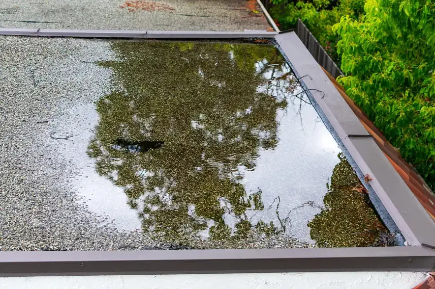 Rain water ponding on a flat roof section of a Miami Beach building
