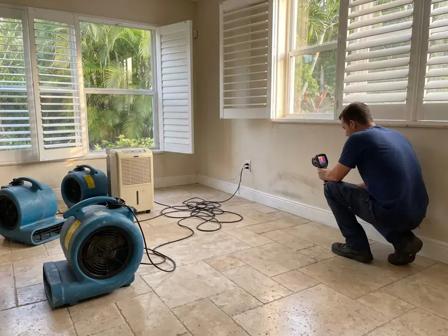 Thermal camera check beside air movers and a dehumidifier in a Miami Beach home